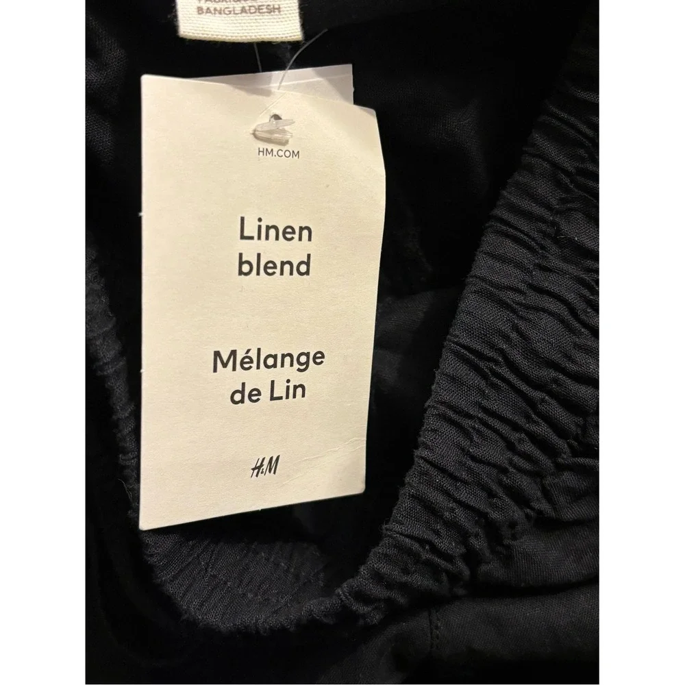 H&M Black Linen Blend Drawstring Pants Size Large NWT Relaxed Coastal Style